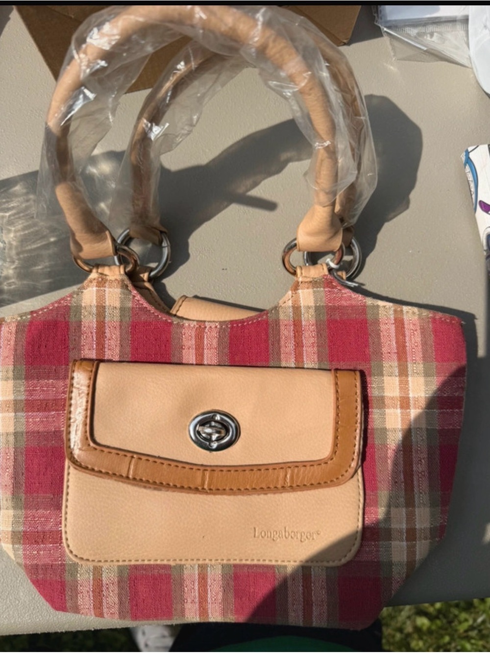 Longaberger Plaid Shoulder Bag with Tan Leather Accents